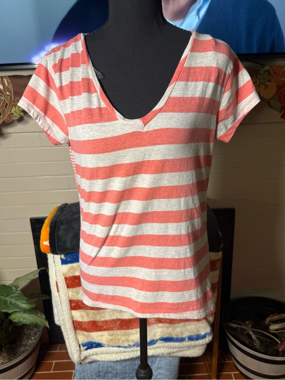 Poof! Coral and Cream Striped V-Neck Tee